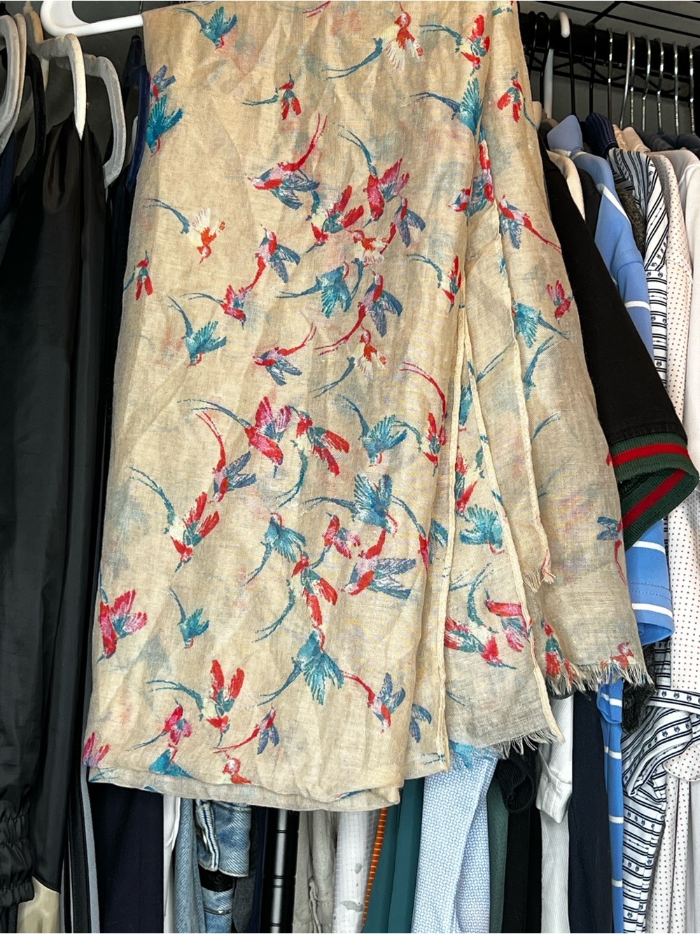 Beige Floral Scarf with Blue & Red Accents